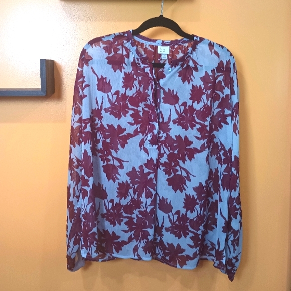 A New Day Maroon & Light Gray Long Sleeve Front Button Semi Sheer Top Size L - Picture 2 of 10